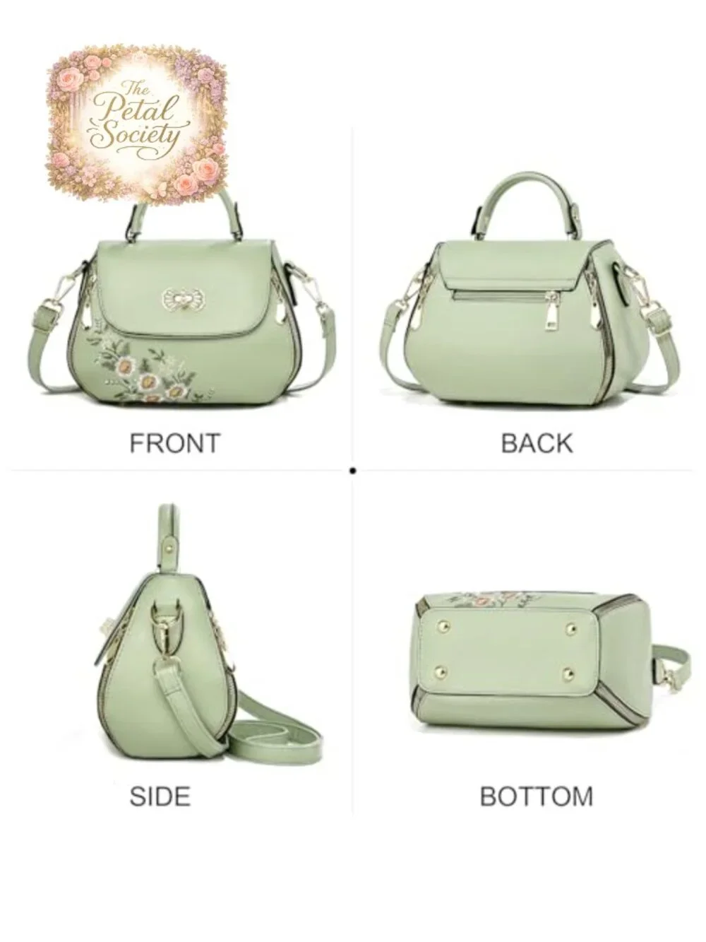 Embroidered PU Satchel Handbag with Top Handle and Adjustable Strap